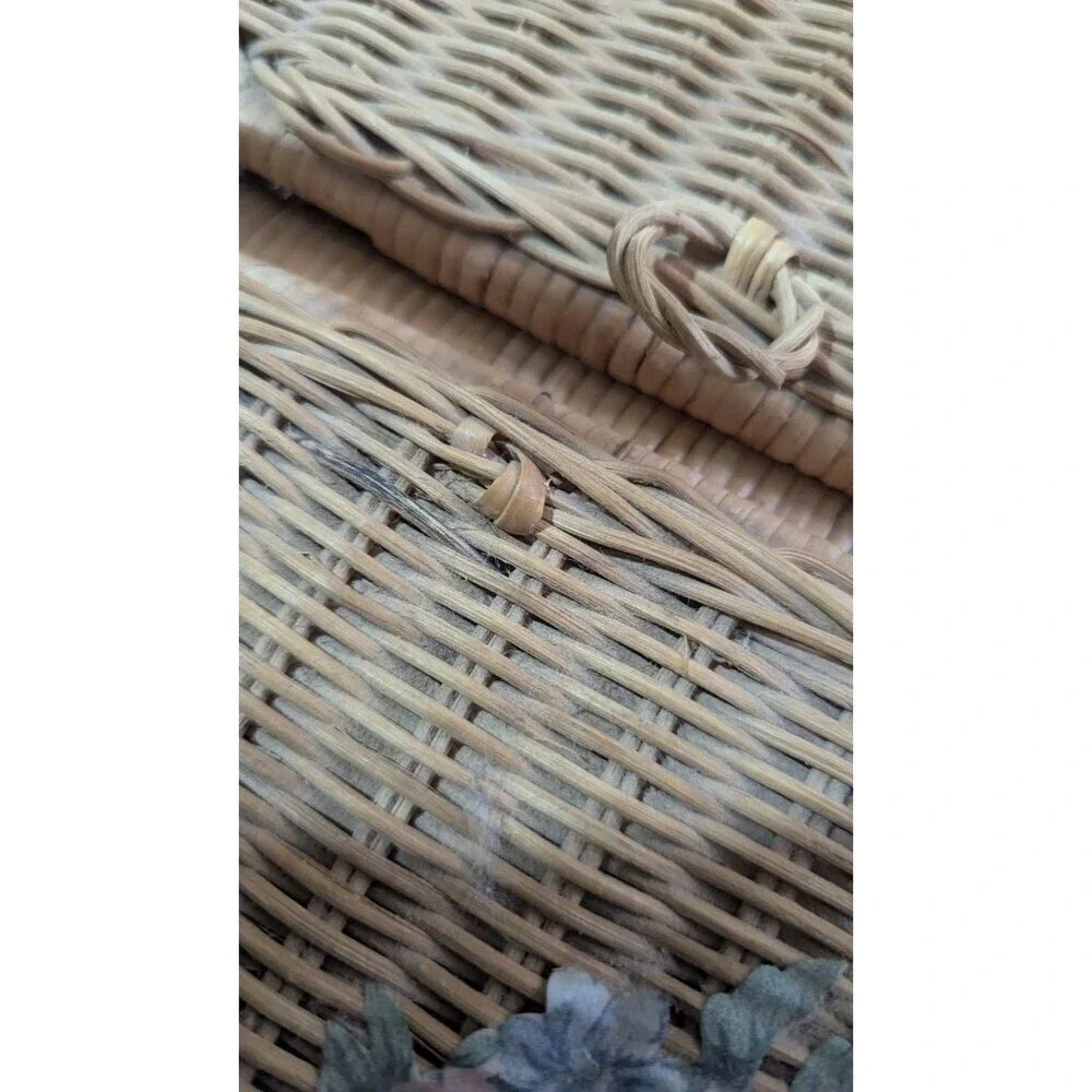 Vintage Floral Wicker Picnic Basket Double Lid Blue Handle Sewing Box 12x9x8